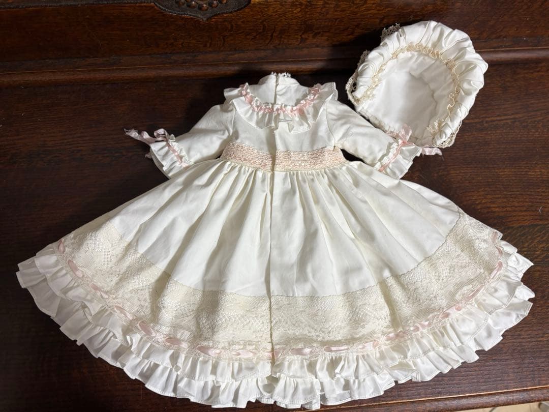 アンティークドール ビスクドール ドレス ボネ コットンシルク ピンク レース