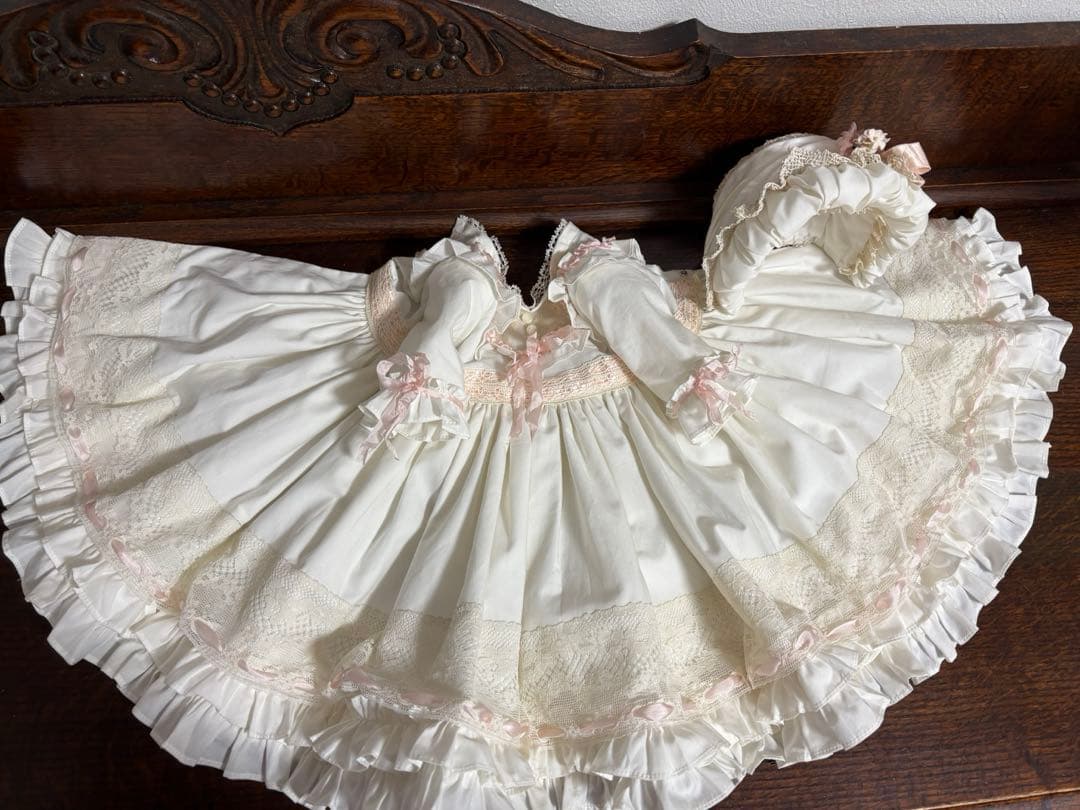 アンティークドール ビスクドール ドレス ボネ コットンシルク ピンク レース
