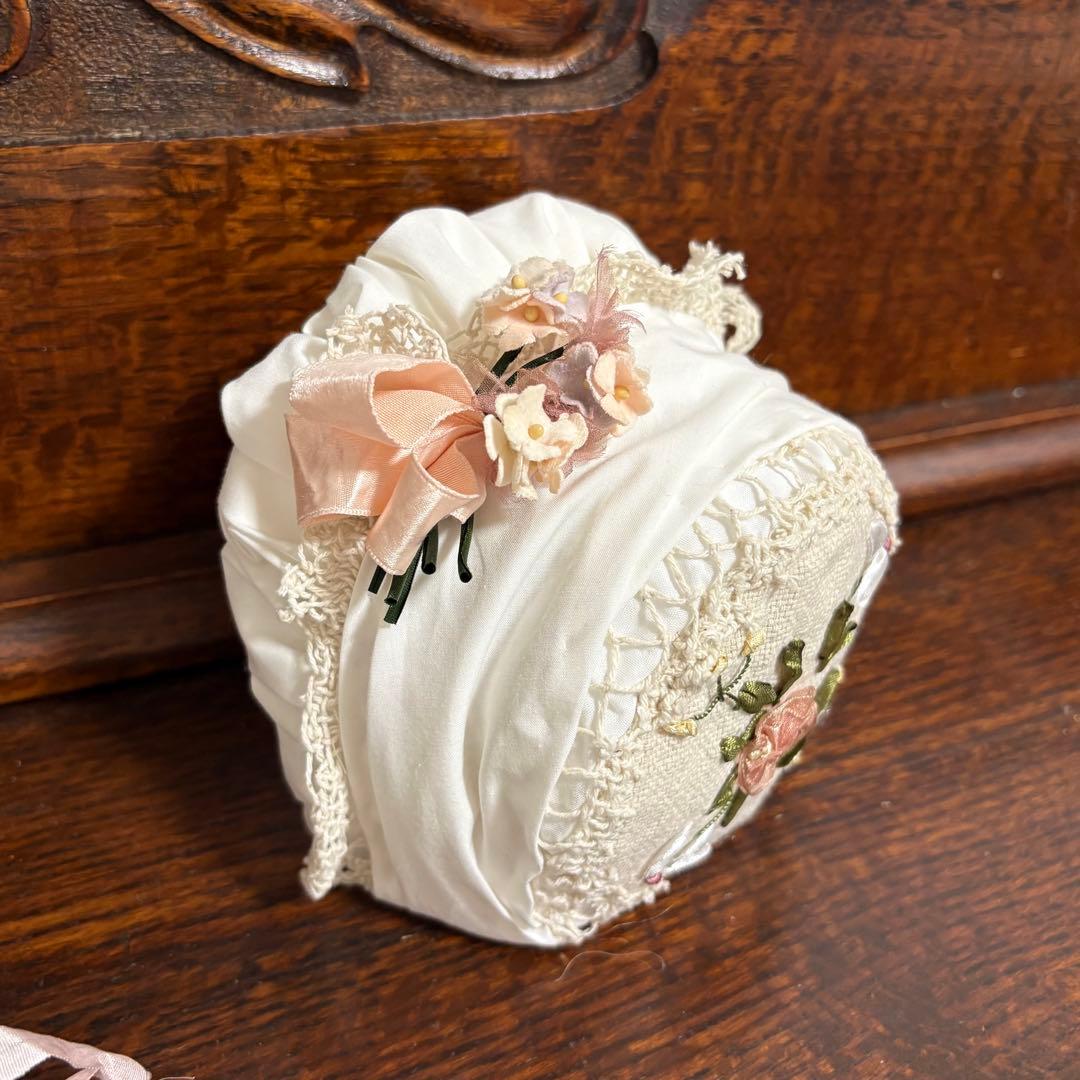 アンティークドール ビスクドール ドレス ボネ コットンシルク ピンク レース