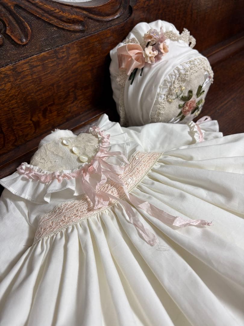 アンティークドール ビスクドール ドレス ボネ コットンシルク ピンク レース