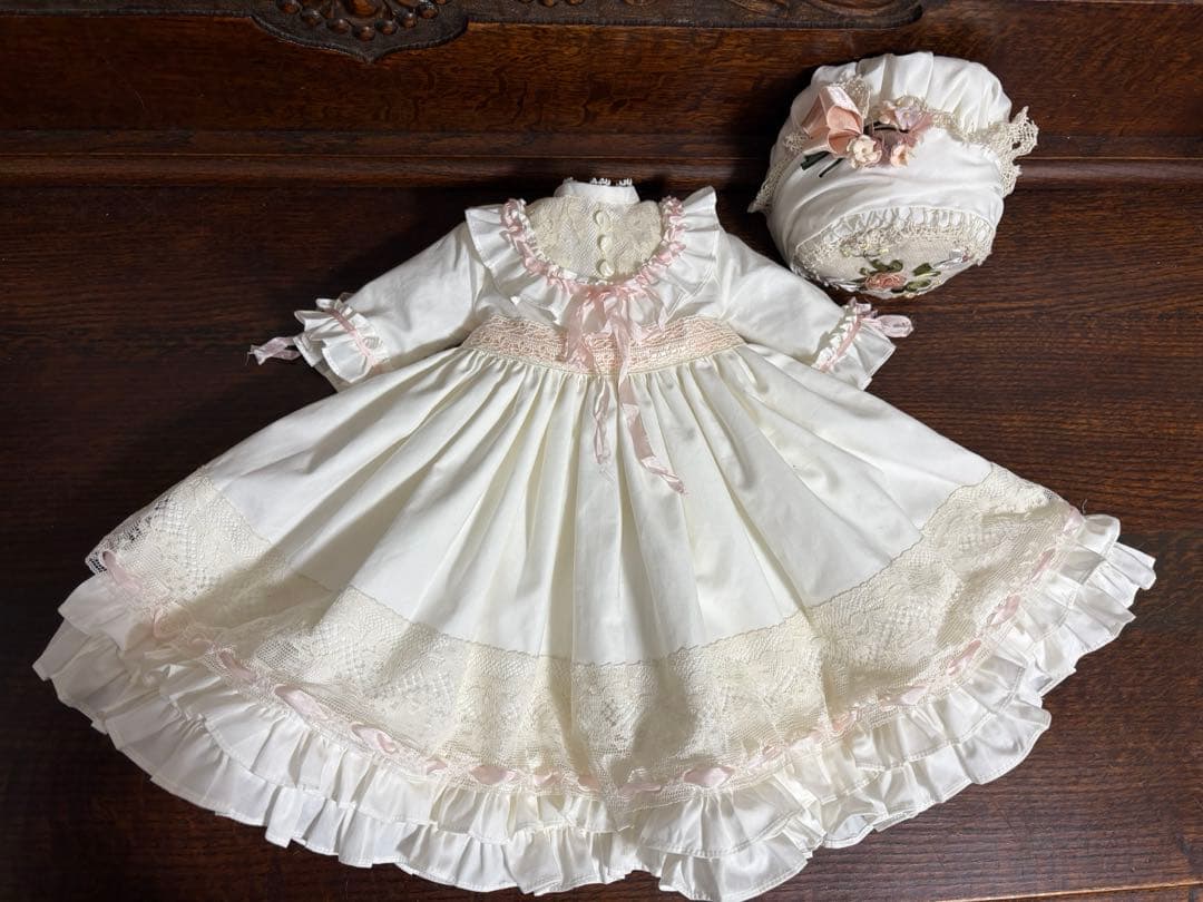 アンティークドール ビスクドール ドレス ボネ コットンシルク ピンク レース