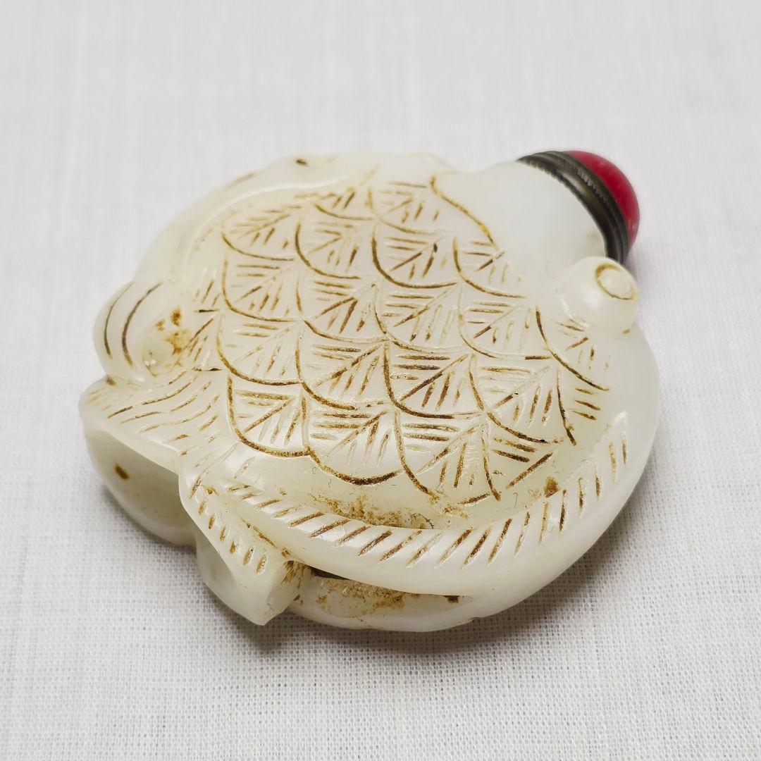 骨董品 本物和田白玉 手彫 清代人参如意紋 鼻煙壺 薬瓶 美品