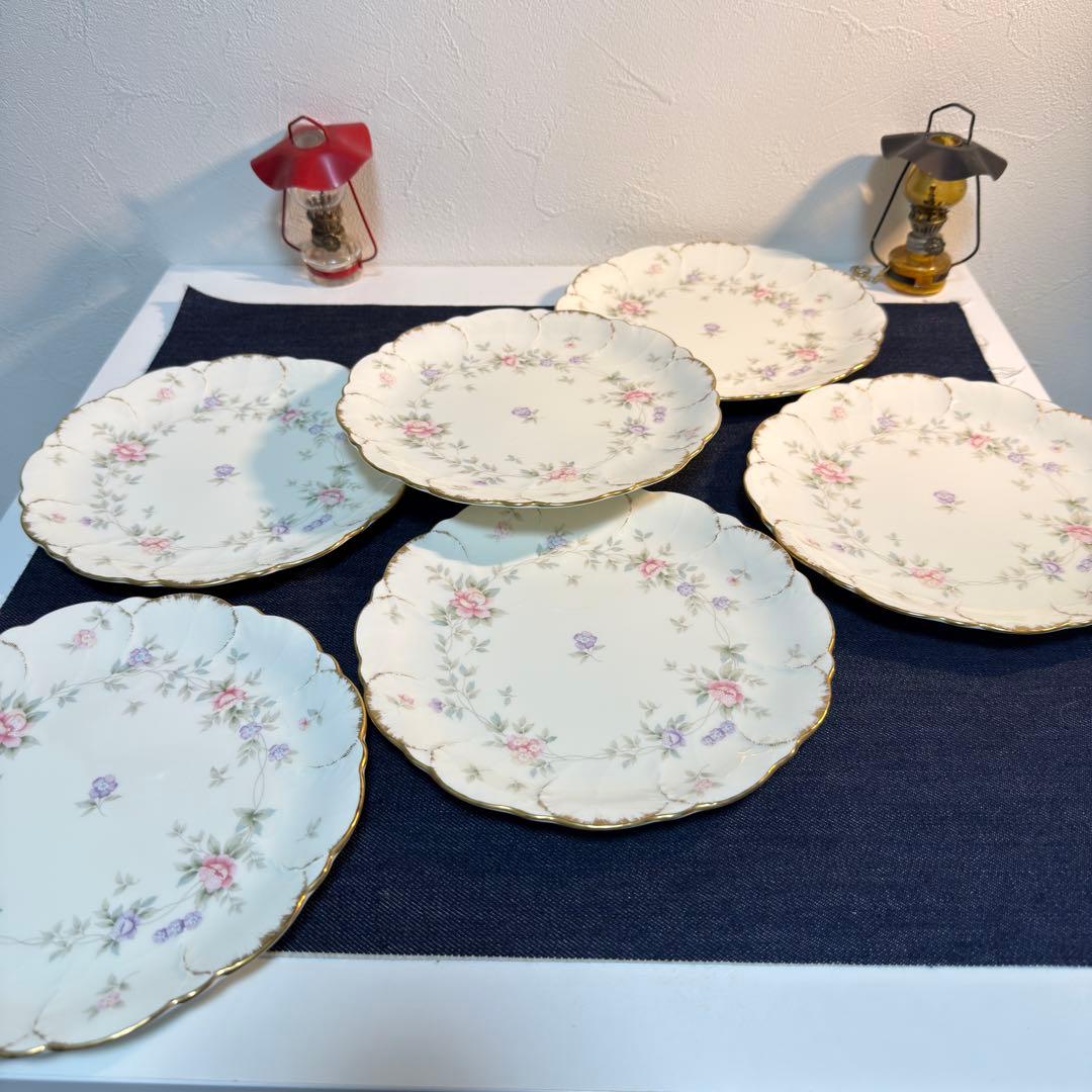 ナルミ ボーンチャイナ ヘリオス ケーキ皿 6枚 19cm 刷毛目金彩 希少