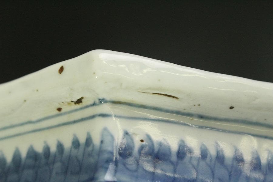 中国美術 青花 古染付 楼閣山水紋 六方 瓶 高25.5cm(RC991)