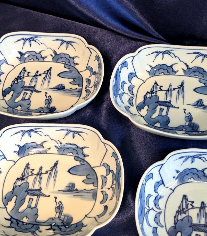 賞美堂　其泉窯　染付竹草花文木瓜形向付　5枚セット　小鉢