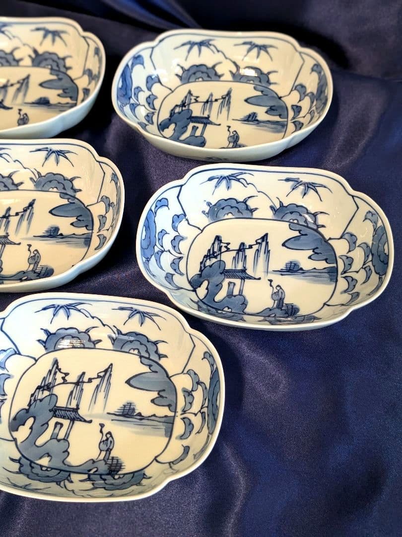 賞美堂　其泉窯　染付竹草花文木瓜形向付　5枚セット　小鉢