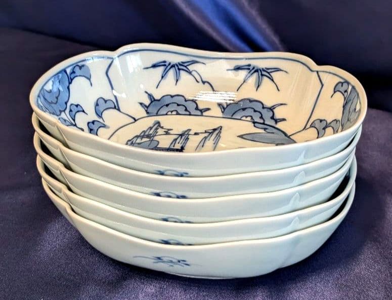 賞美堂　其泉窯　染付竹草花文木瓜形向付　5枚セット　小鉢