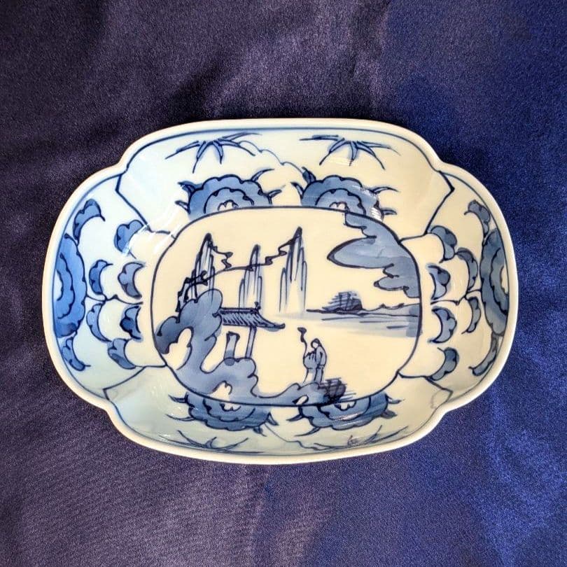 賞美堂　其泉窯　染付竹草花文木瓜形向付　5枚セット　小鉢