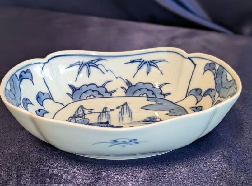 賞美堂　其泉窯　染付竹草花文木瓜形向付　5枚セット　小鉢