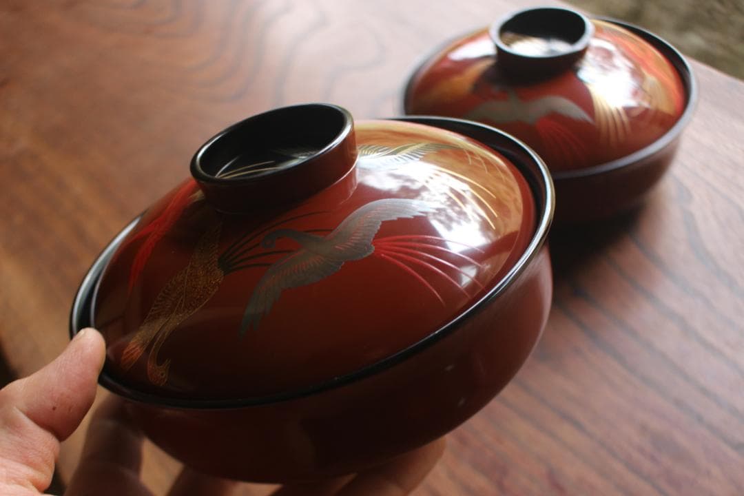 デッドストック！上質朱漆に極上鳳凰蒔絵の大平椀2点（検輪島塗蒔絵椀煮物椀雑煮椀