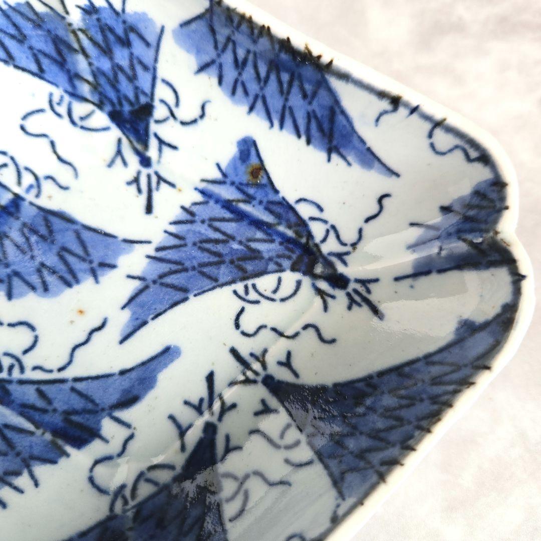 無傷完品　古伊万里　染付　変形皿　江戸時代　型紙摺　印判　骨董　金継ぎ
