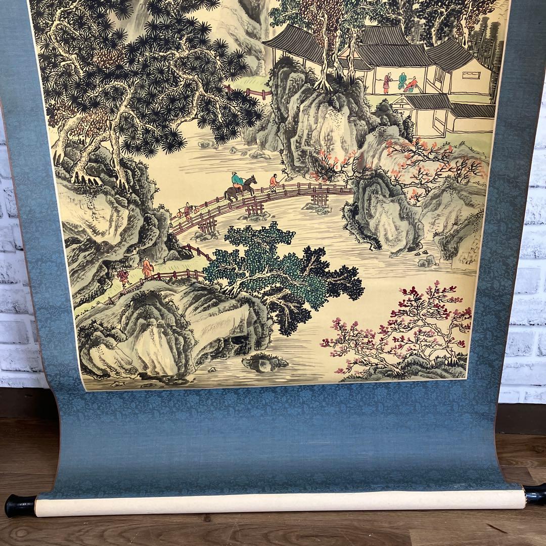 掛け軸 山水風景図 春山遊興図 絹本（または紙本） 骨董品 古美術 壁掛け 和室