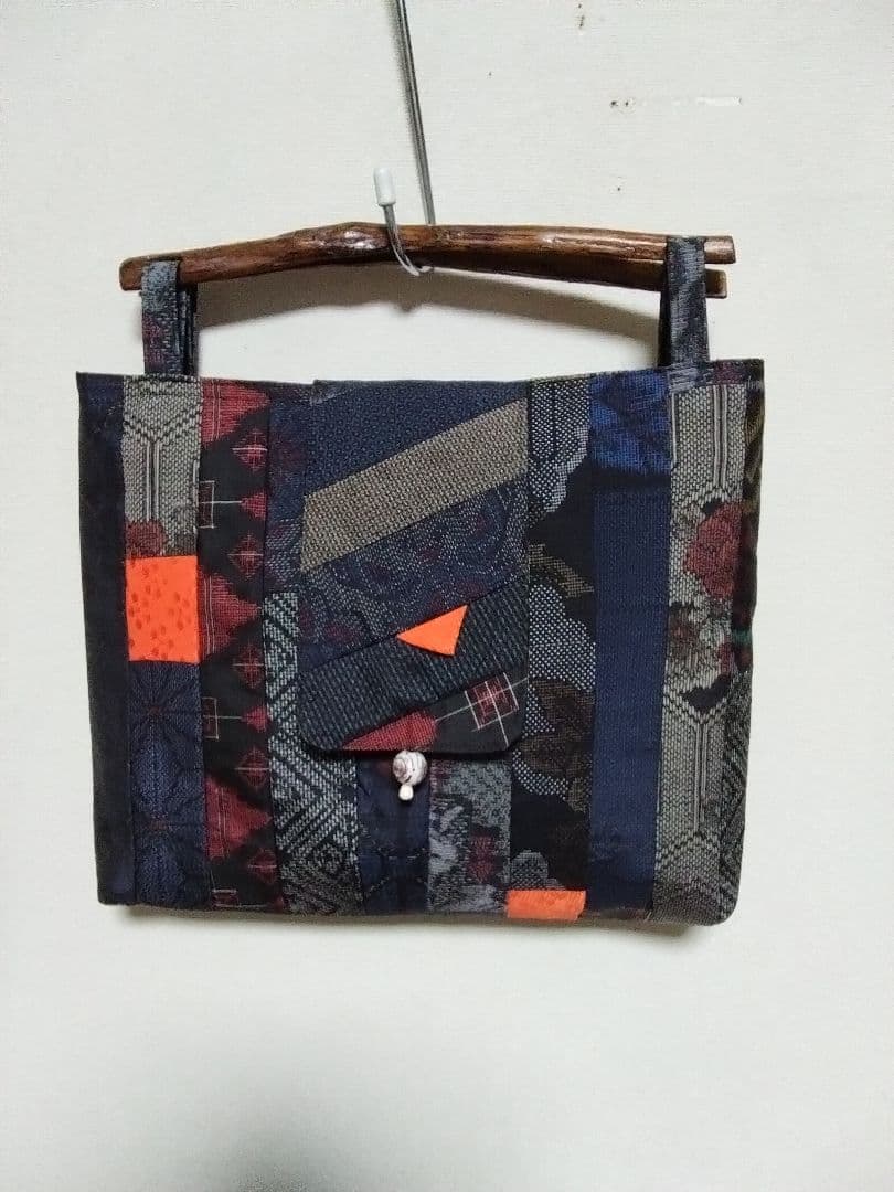 古布襤褸　大島紬　大島紬のパッチワーク手提げ　木の取っ手