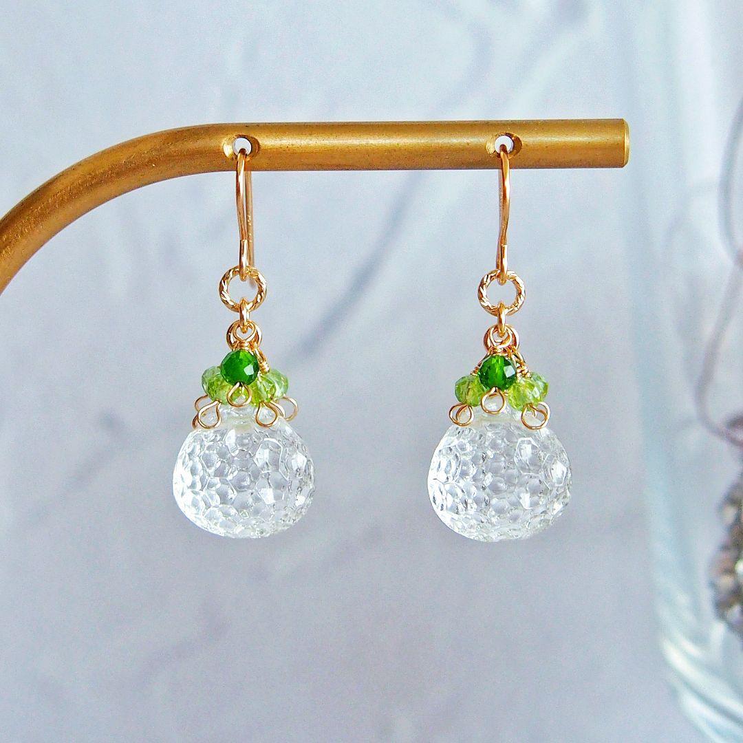 ※専用　クリスタルクォーツ　ハニカムカービング　ピアス　　14kgf