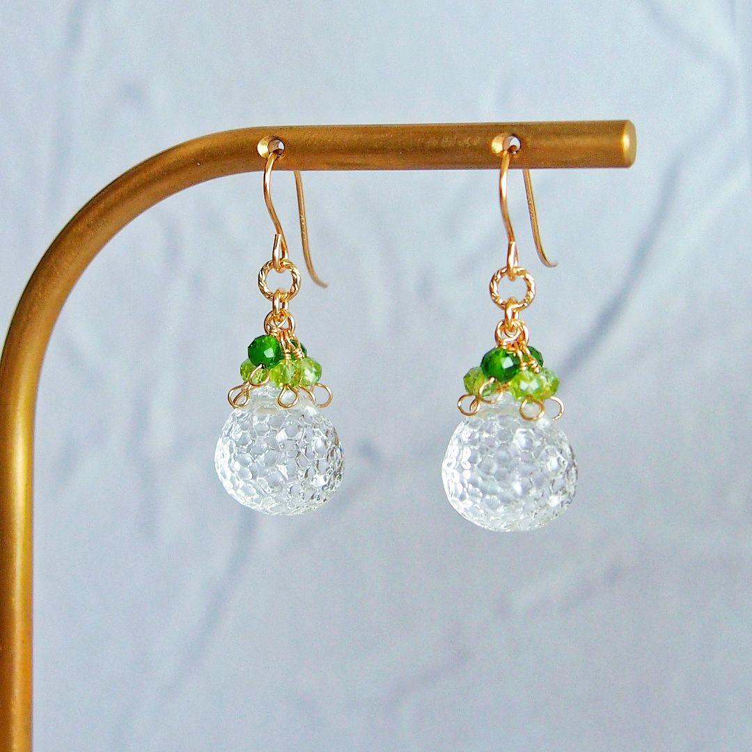 ※専用　クリスタルクォーツ　ハニカムカービング　ピアス　　14kgf