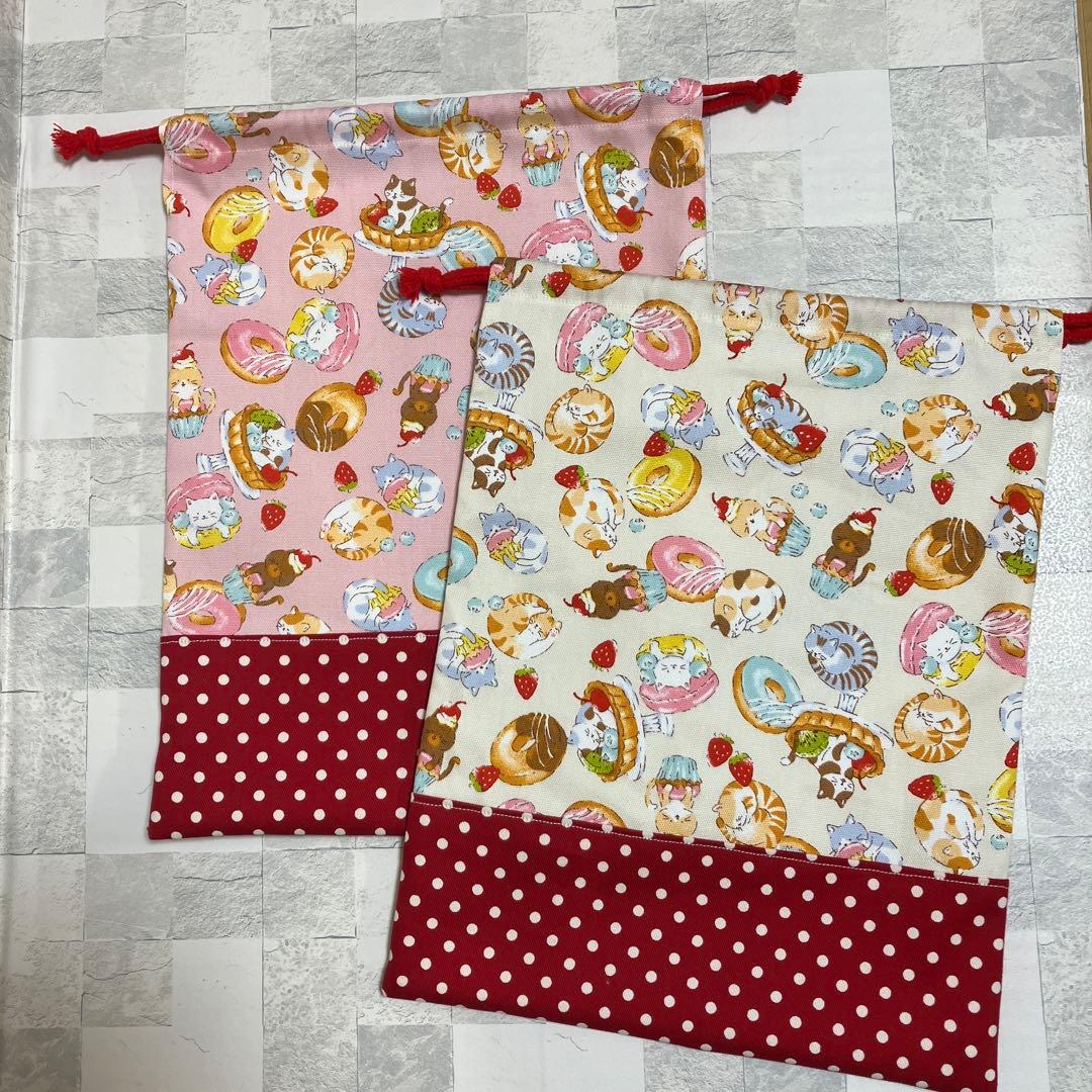 上履き入れ　体育館シューズ入れ　靴袋　中サイズ　二つセット　(16) ハンドメイ