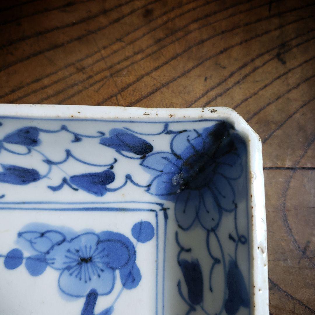 古伊万里 染付松竹梅図長皿 牡丹唐草 花唐草 鮎皿 江戸後期 厚手 訳あり