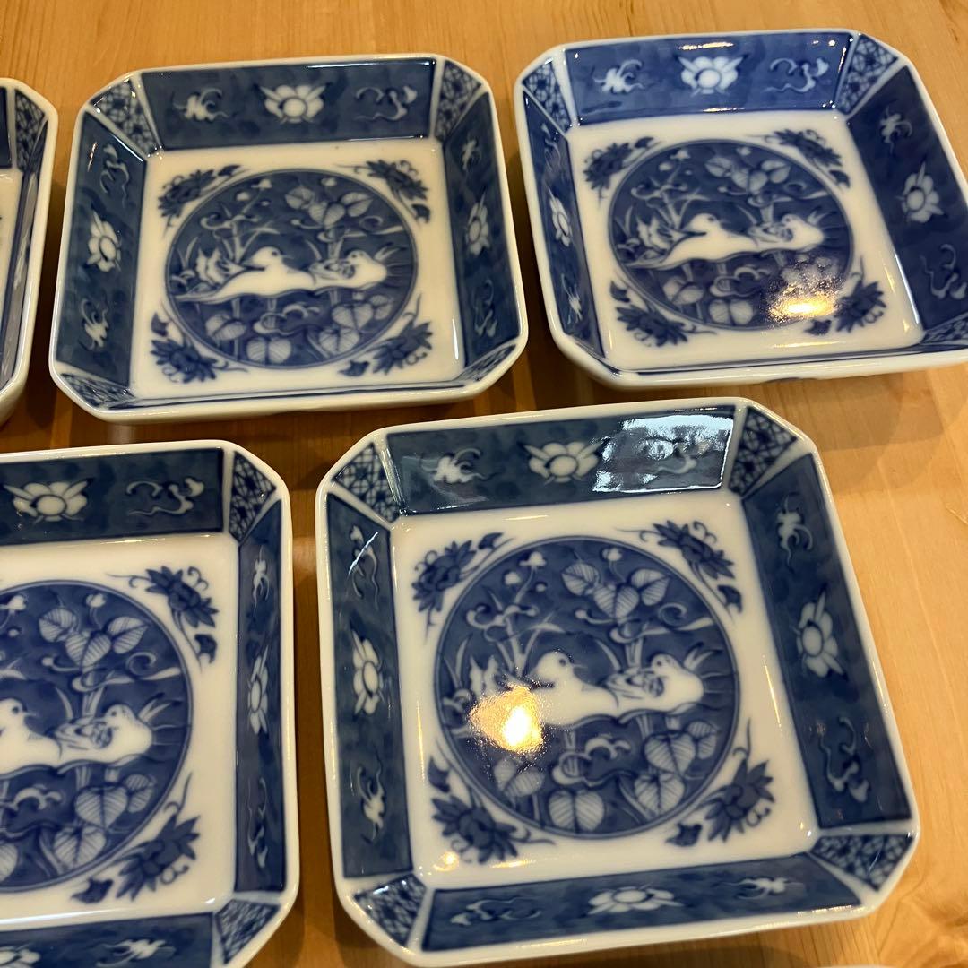 A2G27■ 深川製磁 染付おしどり 角皿 10枚組 鴛鴦 小皿