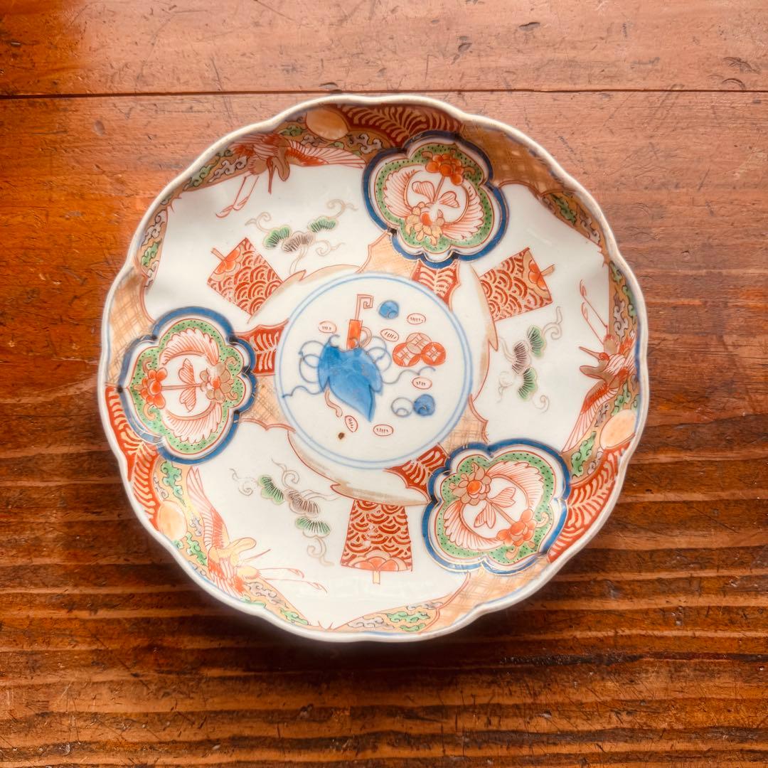 骨董皿　古伊万里金彩色絵皿　宝尽くし宝船花鳥文 平皿1枚