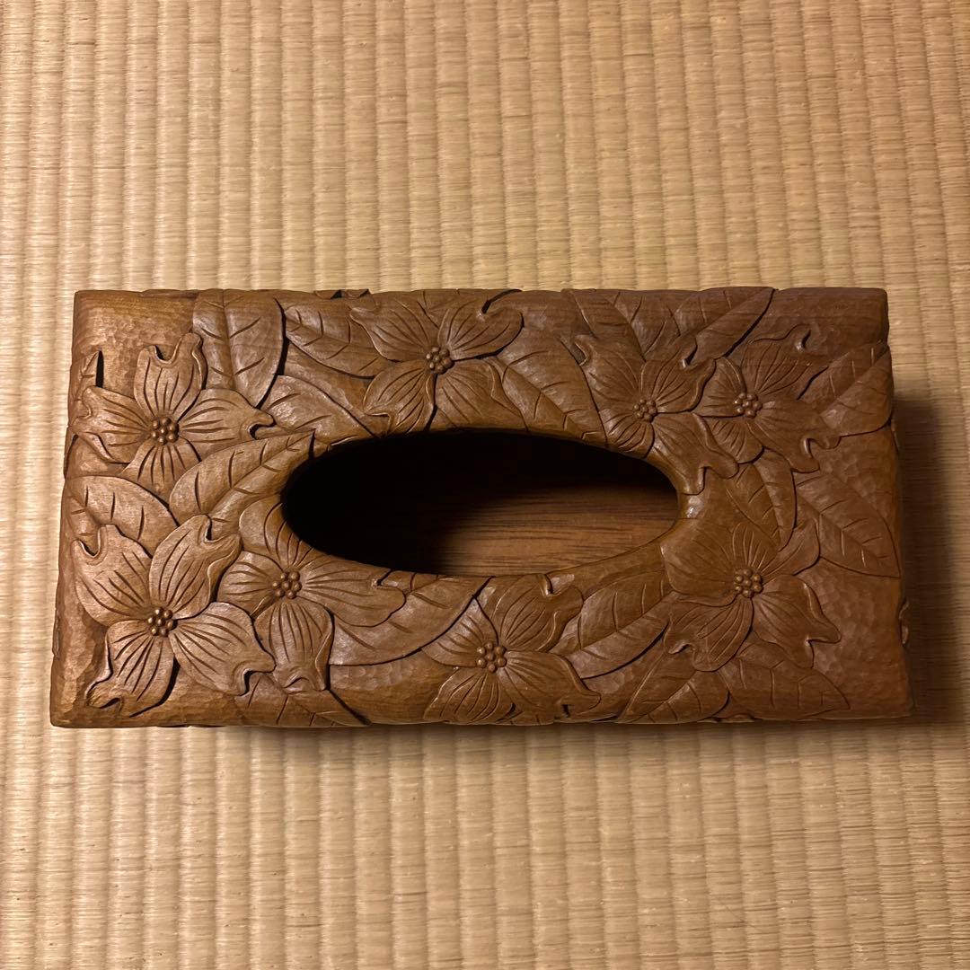 ④ 木彫り　BOXティッシュケース 横　ハナミズキ