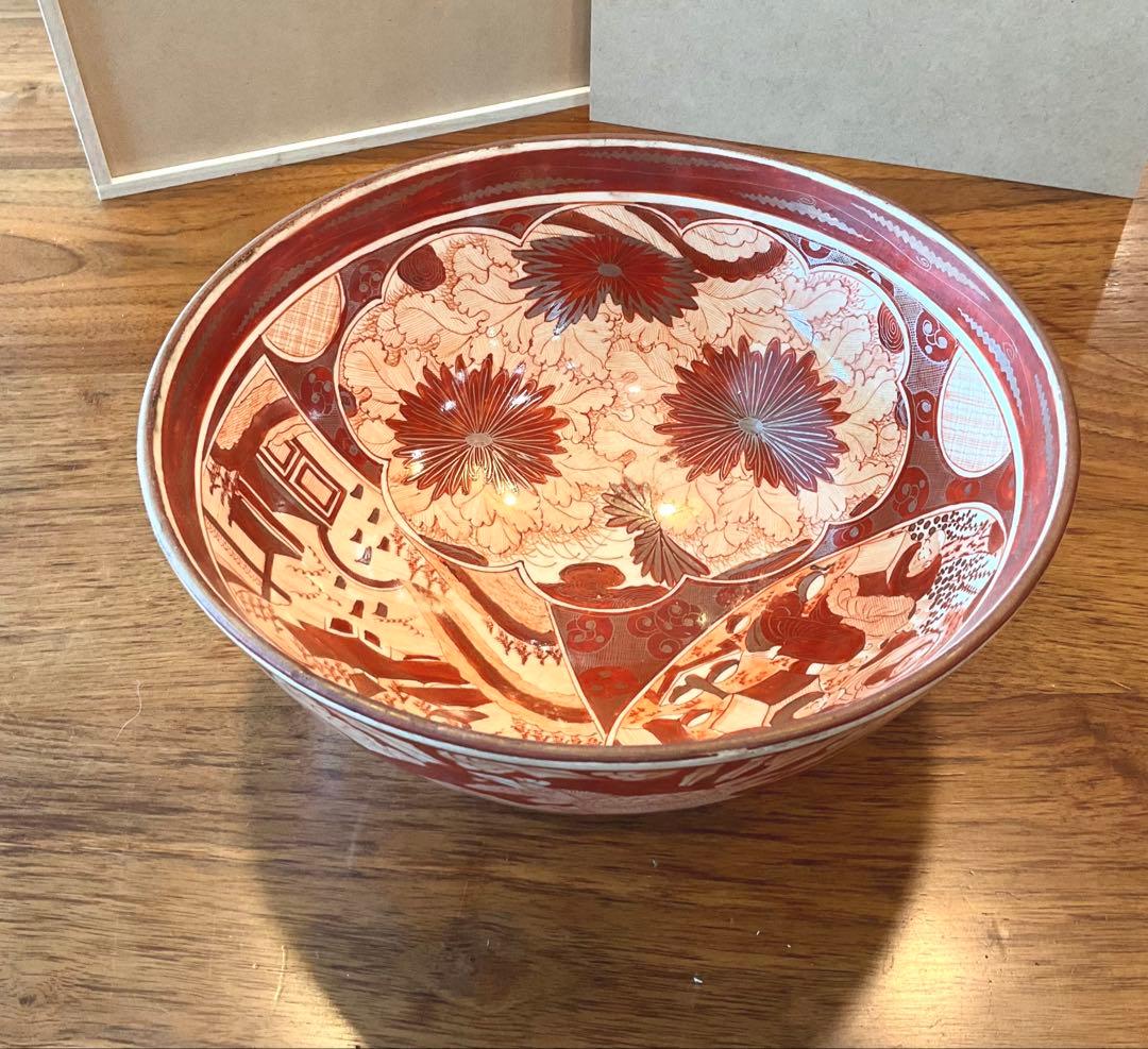 九谷焼き　赤絵　金彩　大鉢　深鉢　亀　鳳凰　直径21.5cm