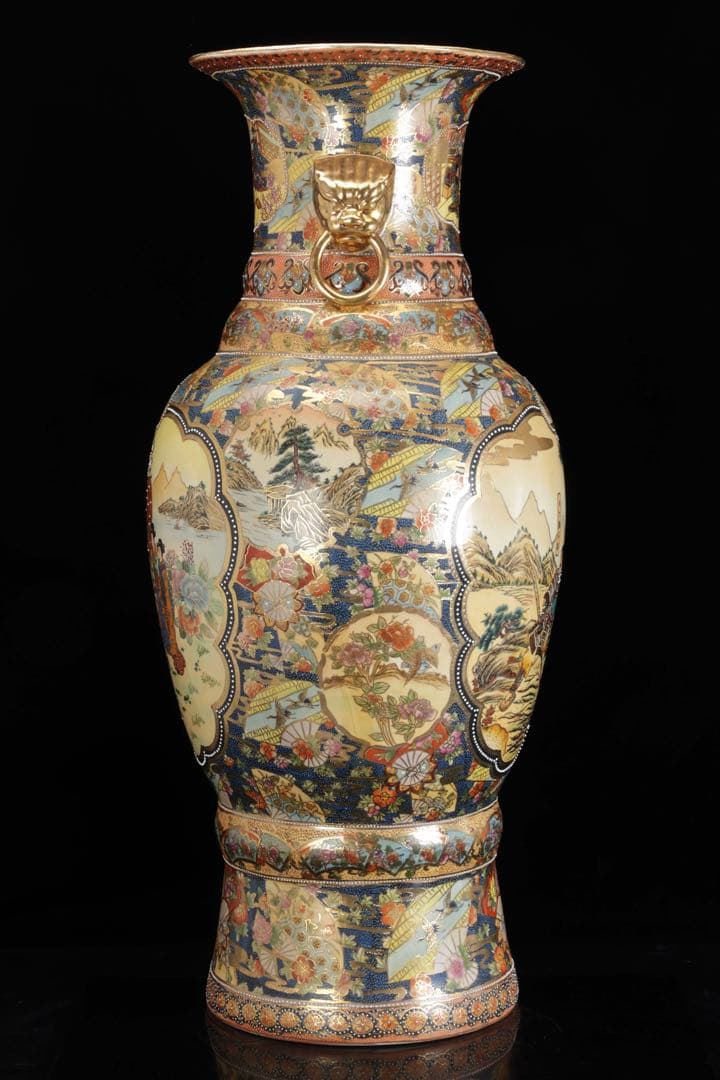 薩摩焼 金襴手 織田信長 木下藤吉郎 武将図 耳付飾壺 特大93㎝ 古美術 骨董