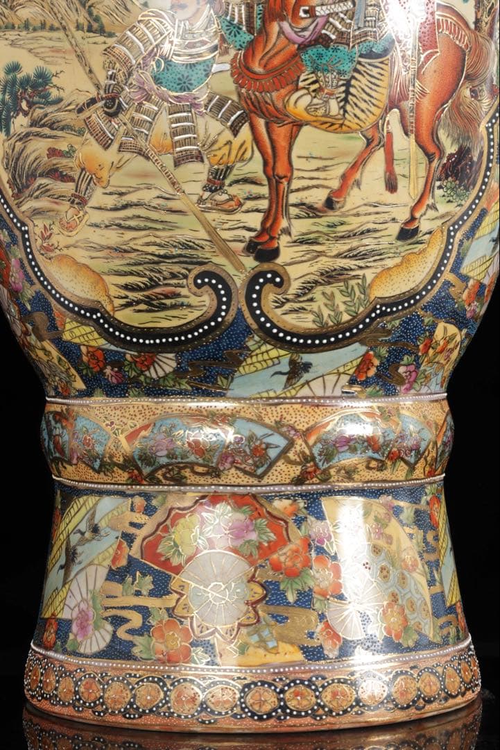 薩摩焼 金襴手 織田信長 木下藤吉郎 武将図 耳付飾壺 特大93㎝ 古美術 骨董