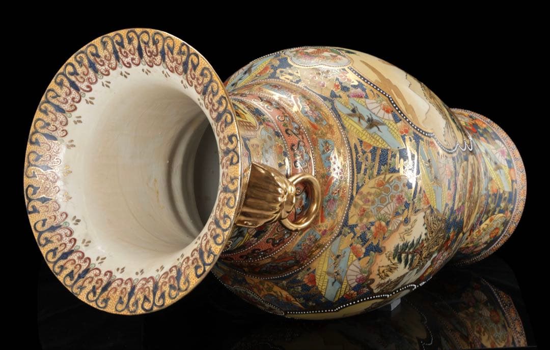 薩摩焼 金襴手 織田信長 木下藤吉郎 武将図 耳付飾壺 特大93㎝ 古美術 骨董