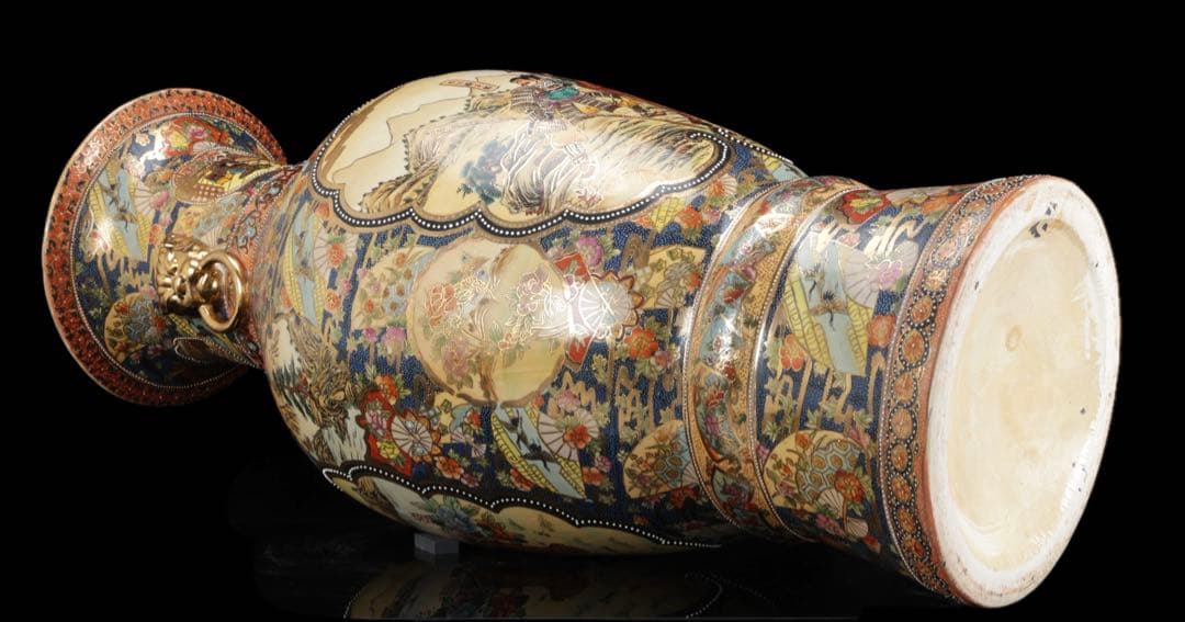 薩摩焼 金襴手 織田信長 木下藤吉郎 武将図 耳付飾壺 特大93㎝ 古美術 骨董