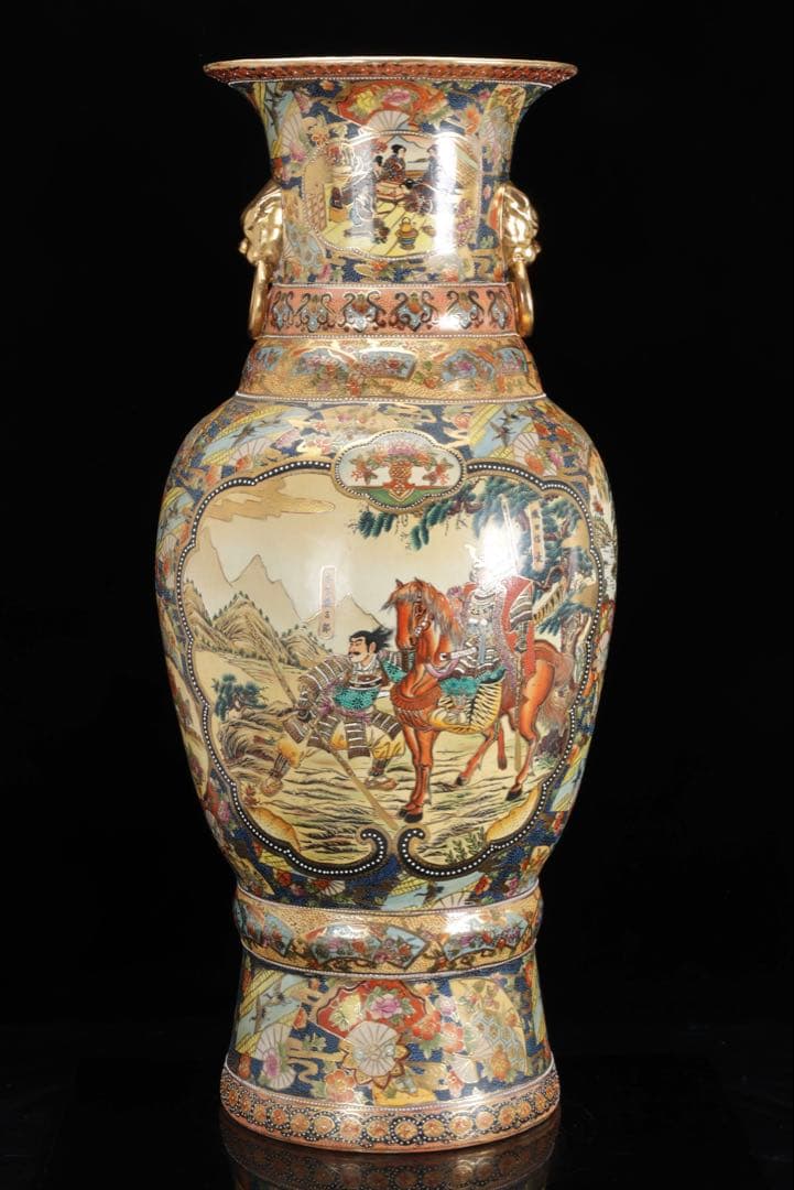 薩摩焼 金襴手 織田信長 木下藤吉郎 武将図 耳付飾壺 特大93㎝ 古美術 骨董