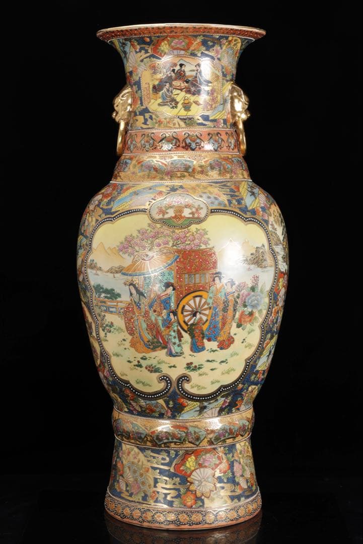 薩摩焼 金襴手 織田信長 木下藤吉郎 武将図 耳付飾壺 特大93㎝ 古美術 骨董