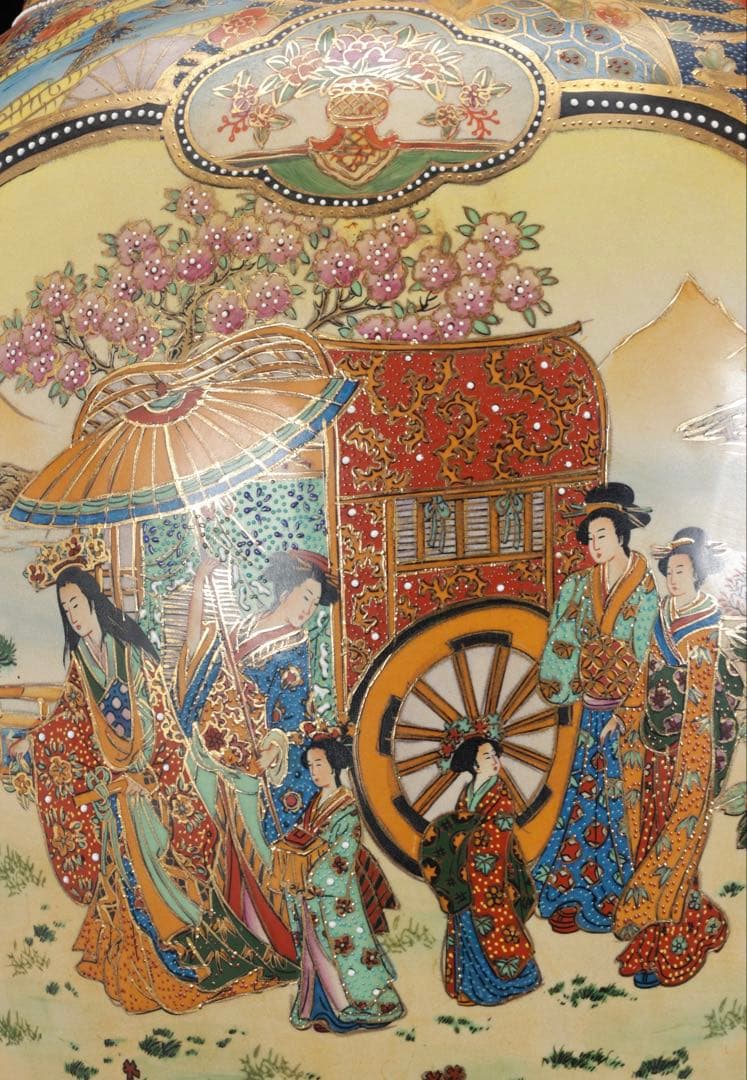 薩摩焼 金襴手 織田信長 木下藤吉郎 武将図 耳付飾壺 特大93㎝ 古美術 骨董