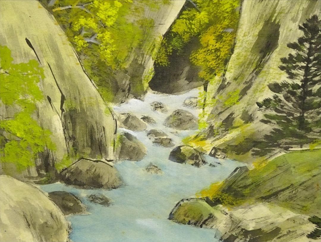 【真作】掛軸 大村古堂『春景山水図』絹本 肉筆 共箱付 掛け軸 g05143