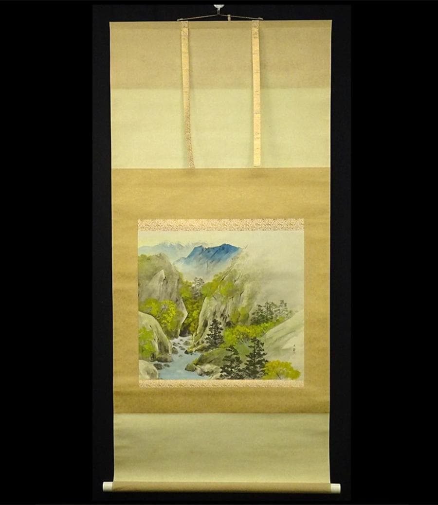 【真作】掛軸 大村古堂『春景山水図』絹本 肉筆 共箱付 掛け軸 g05143