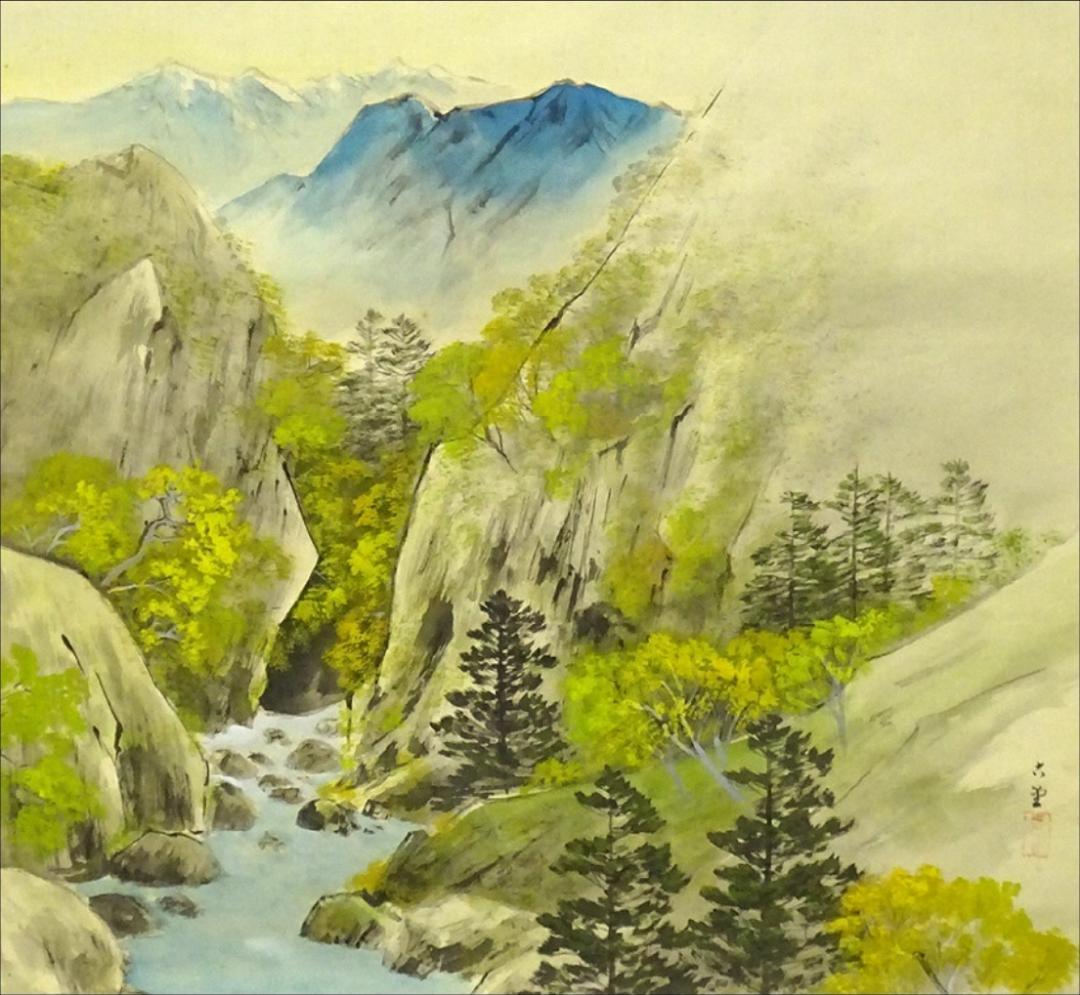 【真作】掛軸 大村古堂『春景山水図』絹本 肉筆 共箱付 掛け軸 g05143