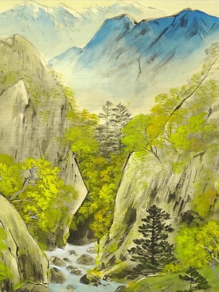 【真作】掛軸 大村古堂『春景山水図』絹本 肉筆 共箱付 掛け軸 g05143