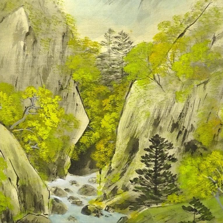 【真作】掛軸 大村古堂『春景山水図』絹本 肉筆 共箱付 掛け軸 g05143