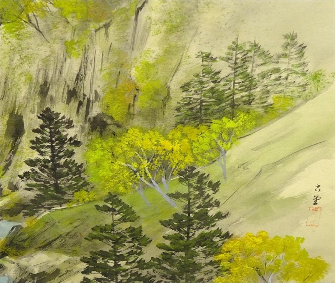 【真作】掛軸 大村古堂『春景山水図』絹本 肉筆 共箱付 掛け軸 g05143