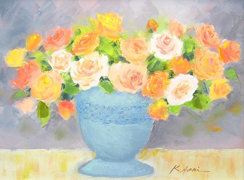 絵画 油絵 青木今陽 肉筆油絵 静物画 オレンジ色と白い花