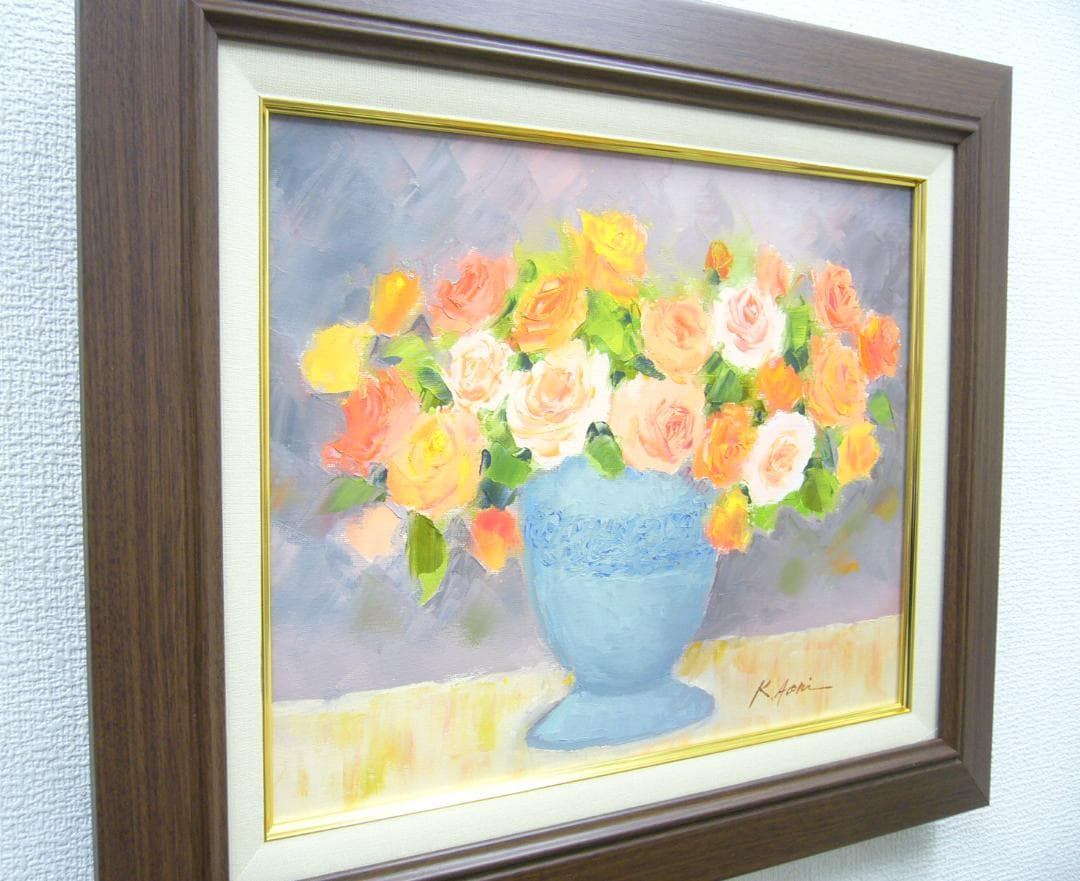 絵画 油絵 青木今陽 肉筆油絵 静物画 オレンジ色と白い花
