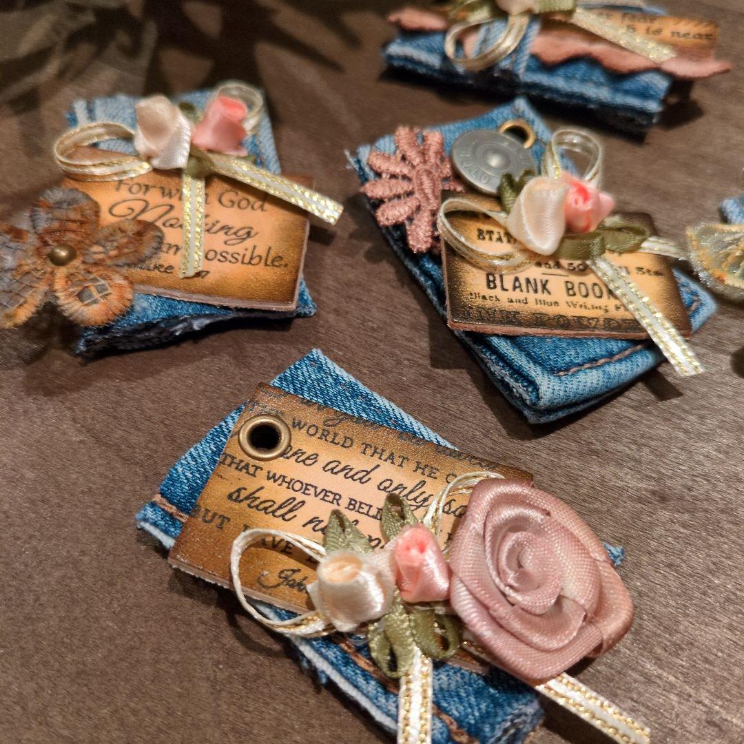 デニムリメイク☆レトロクラシックシャビータグ✨️お花リボン
