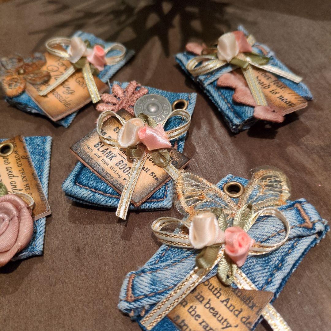 デニムリメイク☆レトロクラシックシャビータグ✨️お花リボン