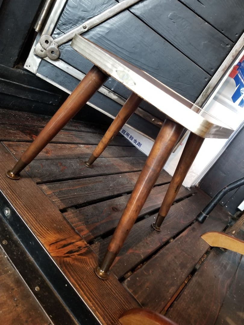 昭和　レトロ　中央パネル社　木製　アルミフレーム　ウッド　スモール　テーブル