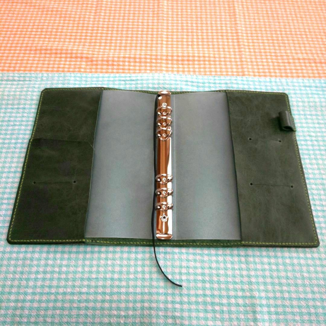 オイルワックスヌメ革ダークグリーンレザーカバーA5サイズ6穴手帳セット