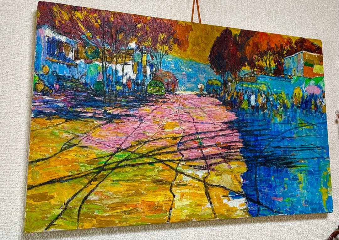 油彩画　秋の街風景