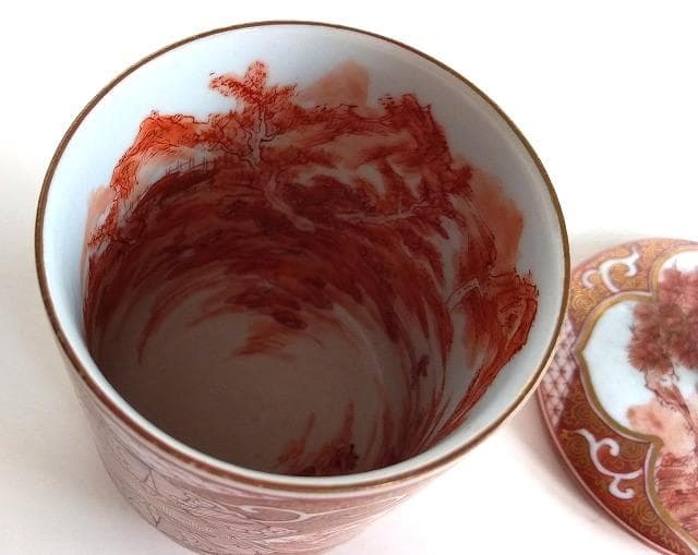 亀田山月 赤絵金彩三賢人図蓋付茶碗 佐野赤絵