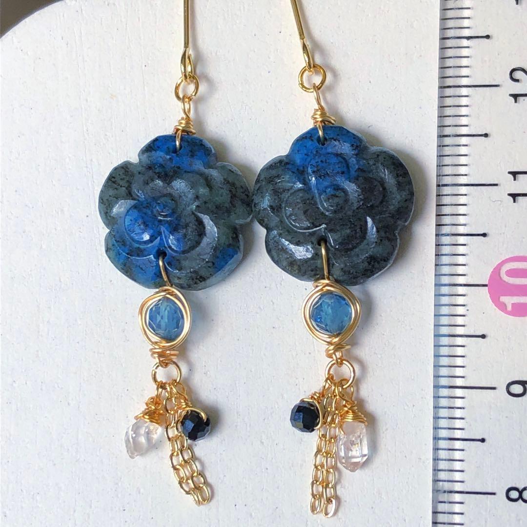 天然石④⑥ダブルフラワーカメリアカービングのピアス・トップ・ブレス14kgf