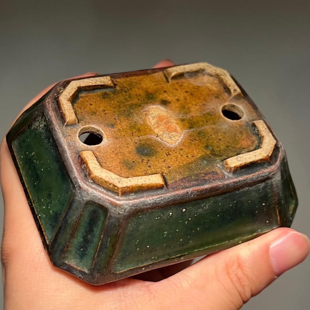 802.夢陶 緑釉额入切角長方 盆栽鉢 植木鉢 9.5*7.8*3cm