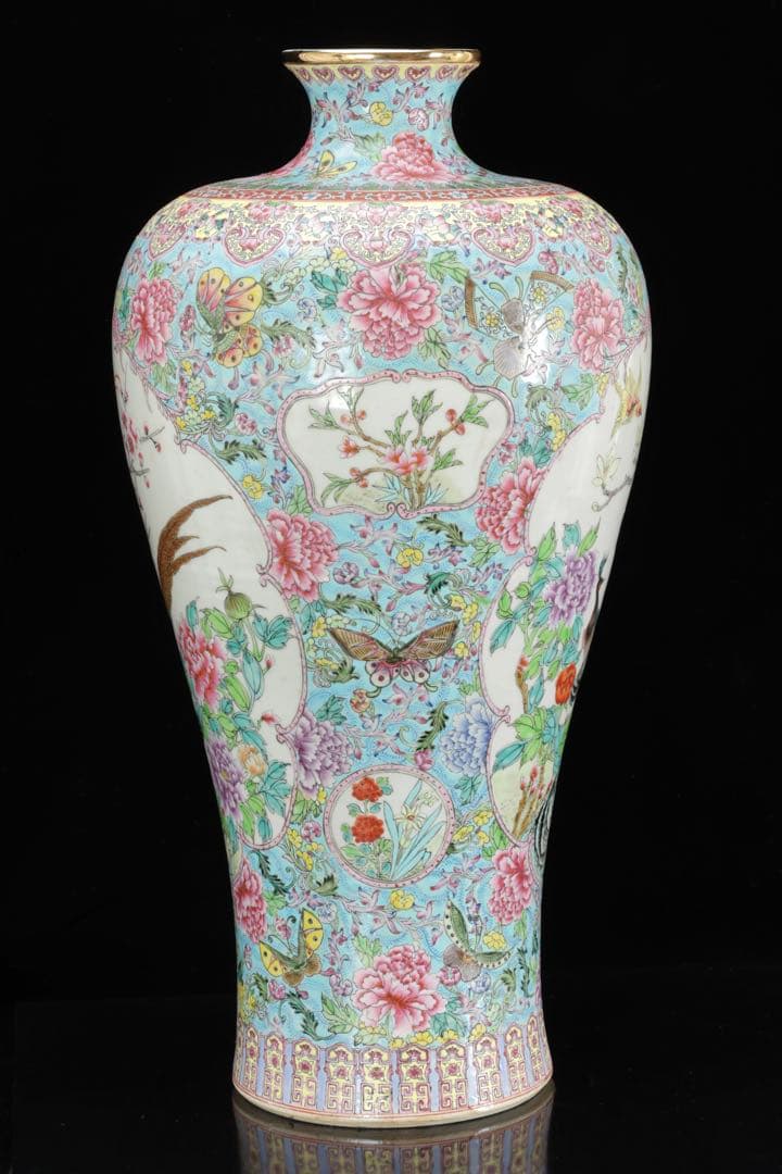中国美術 乾隆年製銘 粉彩花鳥図大花瓶 孔雀牡丹図 五彩手描 飾壺 唐物 古美術