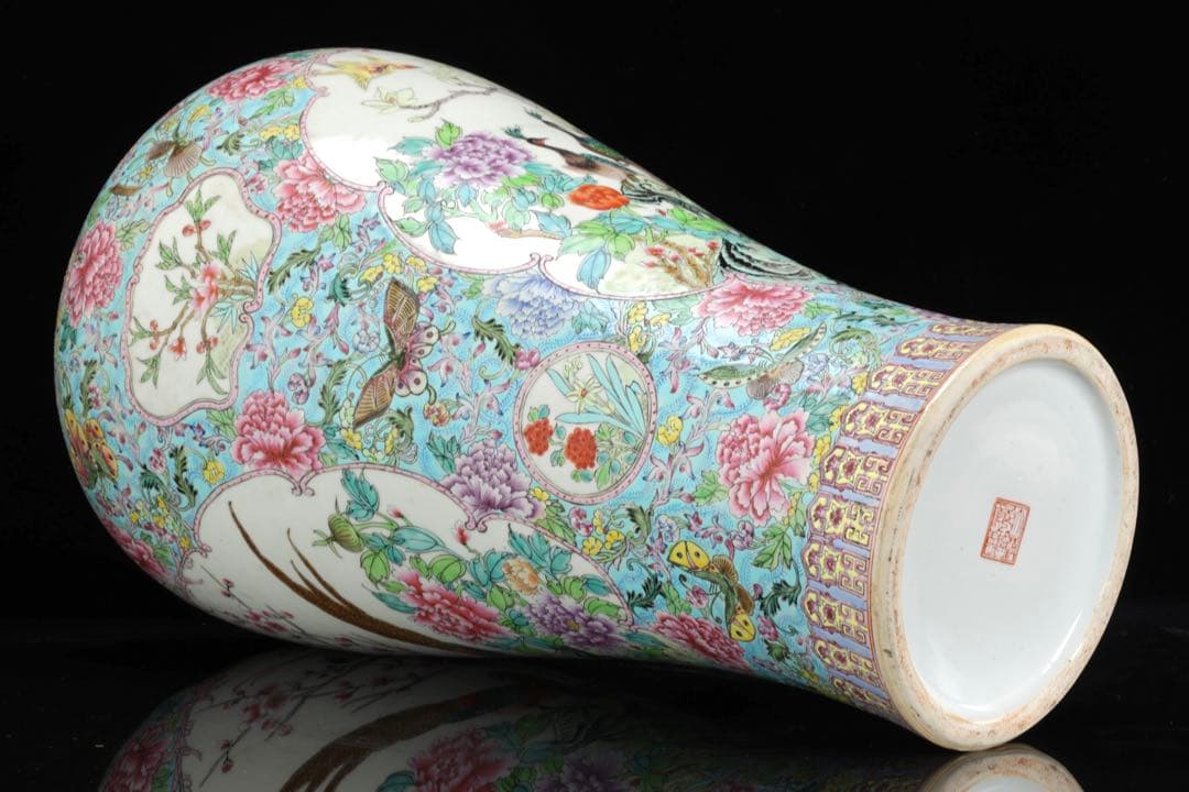 中国美術 乾隆年製銘 粉彩花鳥図大花瓶 孔雀牡丹図 五彩手描 飾壺 唐物 古美術